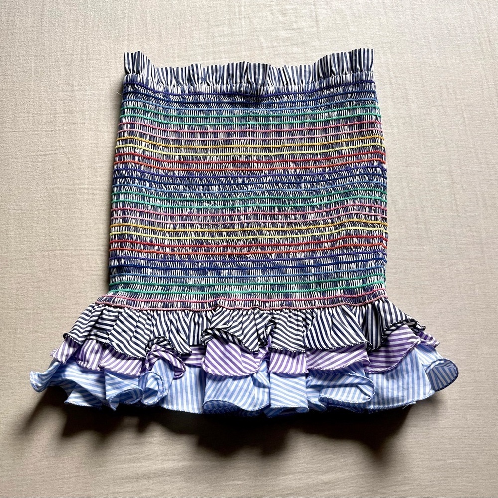 Petersyn blue striped rainbow smocked ruffle strapless crop top